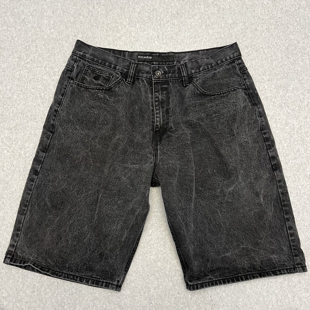 Rocawear Shorts Men's 40 Black Faded Hip Hop Y2K Baggy Wide Leg Skate Streetwear